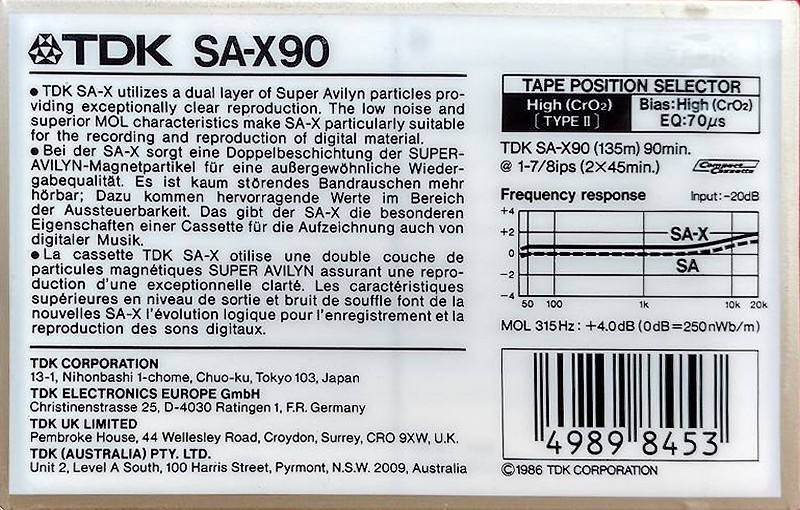 Compact Cassette TDK SA-X 90 Type II Chrome 1986 Australia, Europe