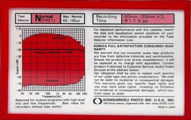 Compact Cassette Konica ML 60 Type I Normal 1985 USA