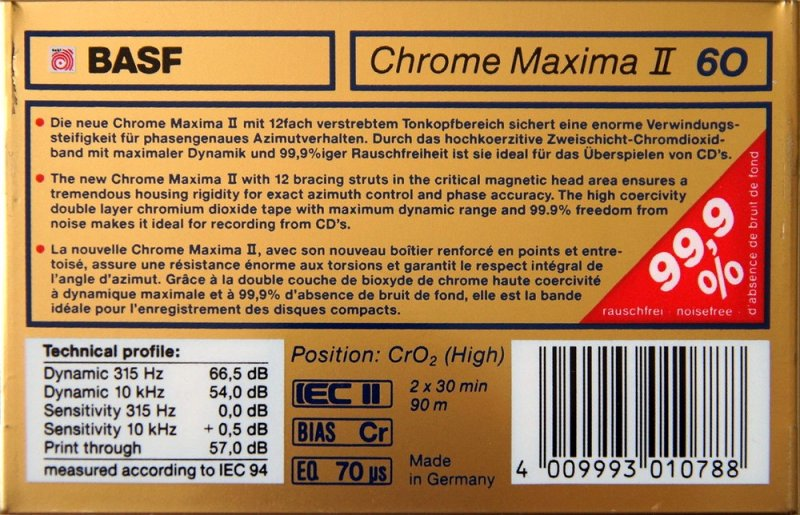 Compact Cassette BASF Chrome Maxima II 60 Type II Chrome 1989 Europe