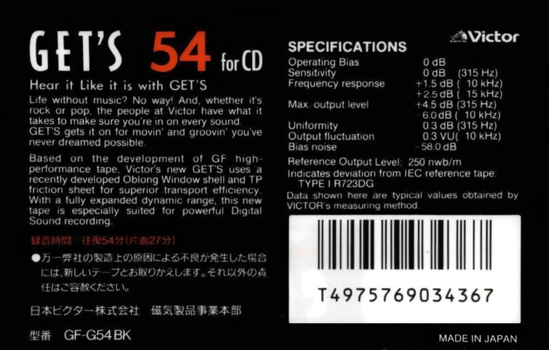 Compact Cassette Victor Gets 54 "GF-G54 BK" Type I Normal 1988 Japan
