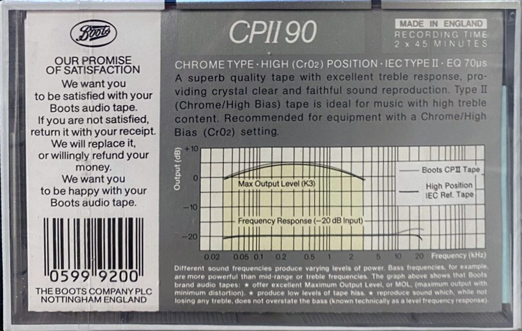 Compact Cassette Boots / Boots Audio CPII 90 Type II Chrome 1989 UK