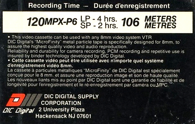 Video8, Hi8, Digital8 Dic Digital 120 "MicroFinity 120MPX-P6" Type IV Metal USA