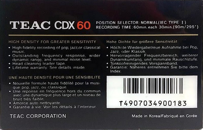 Compact Cassette Teac CDX 60 Type I Normal 1989 Europe