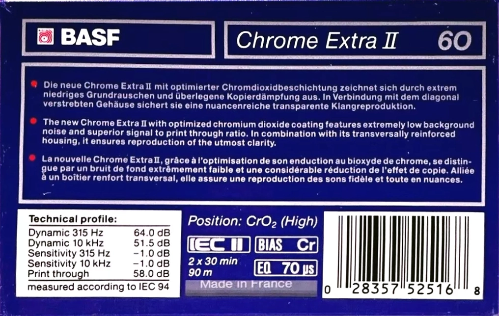 Compact Cassette BASF Chrome Extra II 60 Type II Chrome 1990 North America