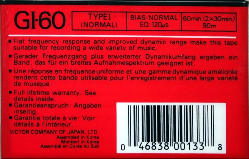 Compact Cassette JVC GI 60 "Dynarec" Type I Normal 1988 North America