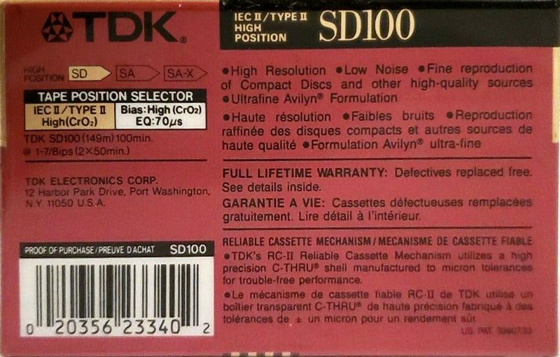 Compact Cassette TDK SD 100 Type II Chrome 1990 North America