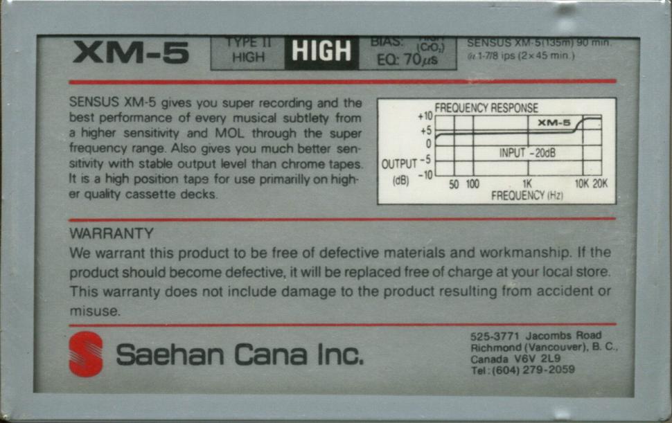 Compact Cassette Sensus XM-5 90 Type II Chrome 1985 Canada