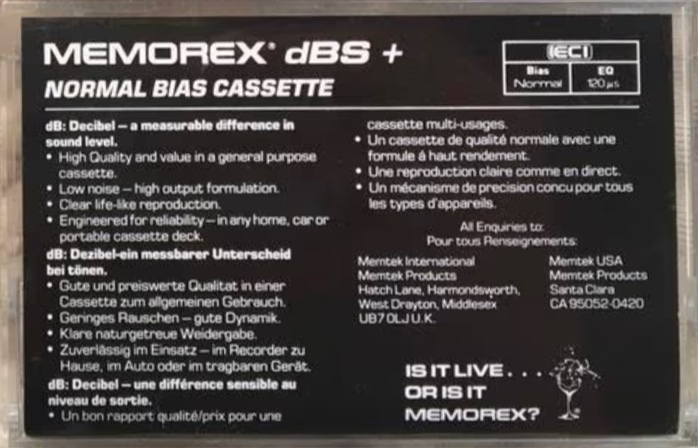 Compact Cassette Memorex dBS+ 60 Type I Normal 1989 Europe