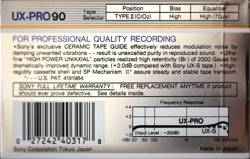 Compact Cassette Sony UX-Pro 90 Type II Chrome 1986 USA