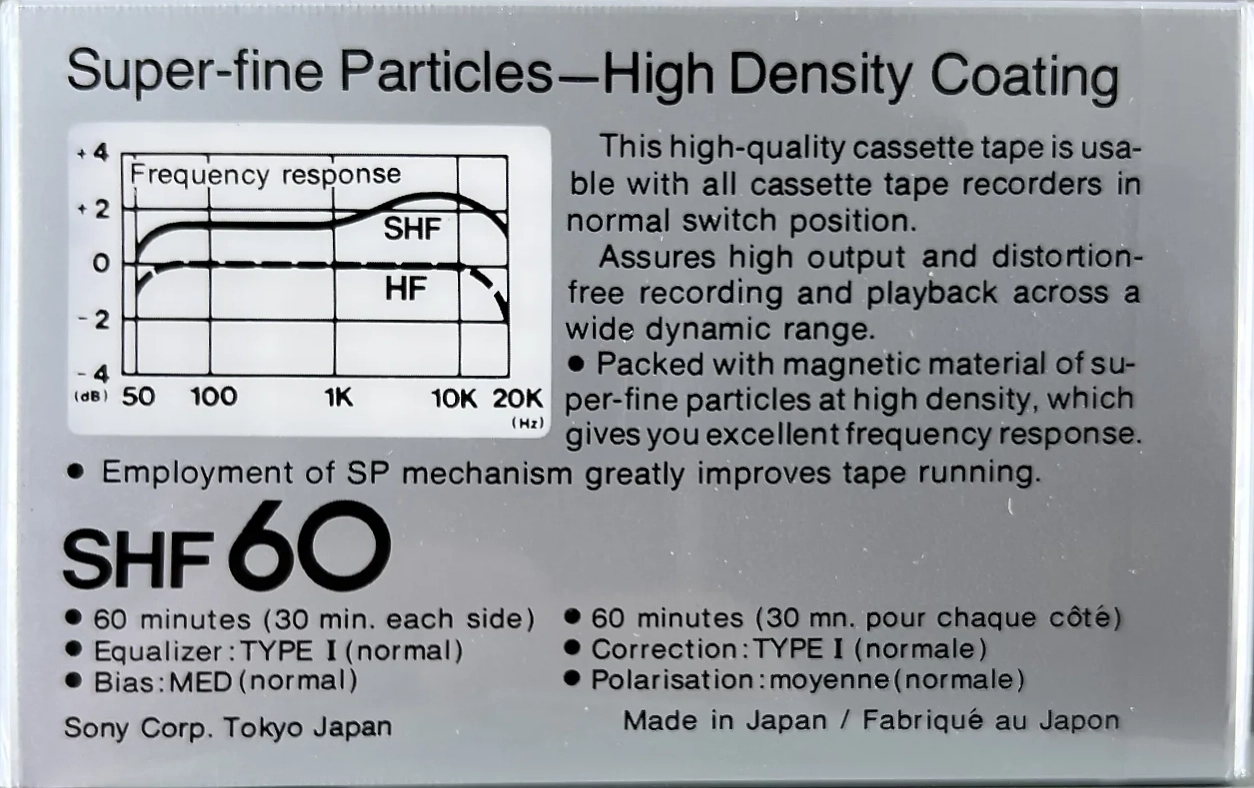 Compact Cassette Sony SHF 60 Type I Normal 1978 North America