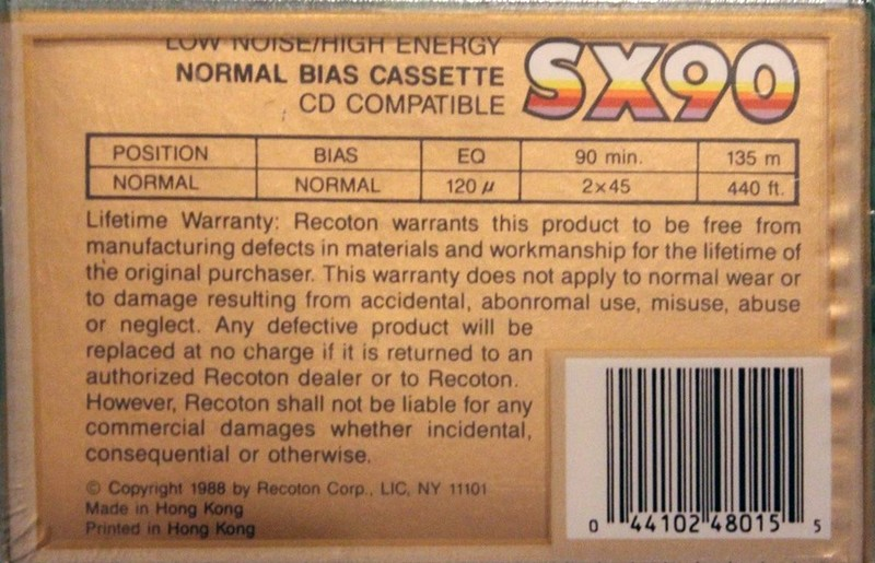 Compact Cassette Recoton SX 90 Type I Normal 1988 USA
