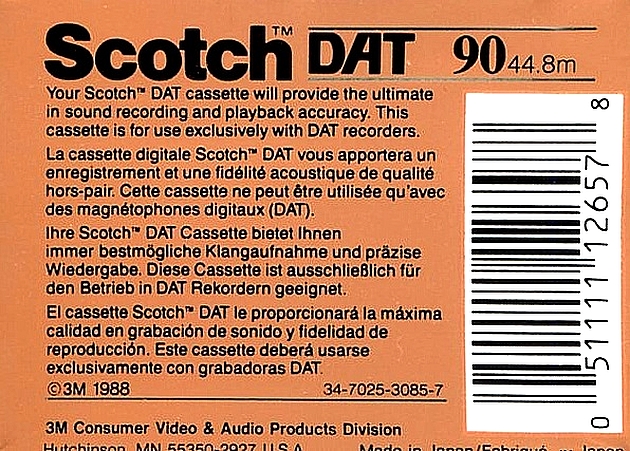 Digital Audio Tape Scotch 90 Type IV Metal 1988 North America