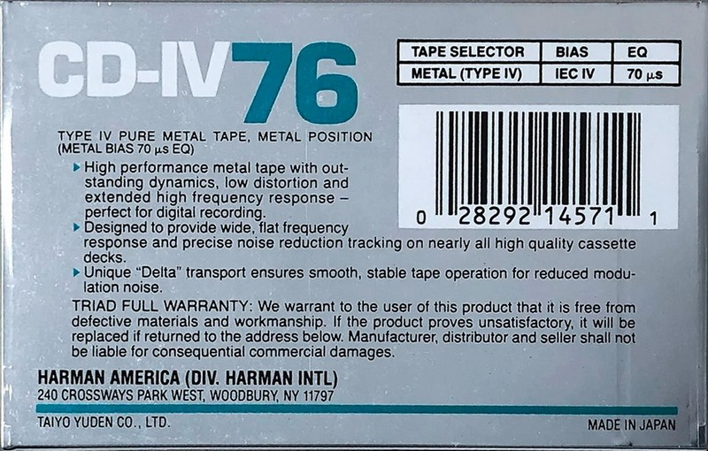 Compact Cassette Triad CD 76 Type IV Metal 1988 North America