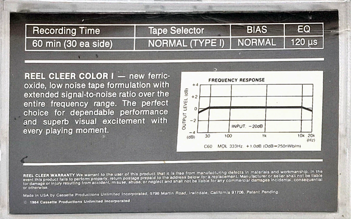 Compact Cassette Reel Cleer Color I 60 Type I Normal 1984 USA