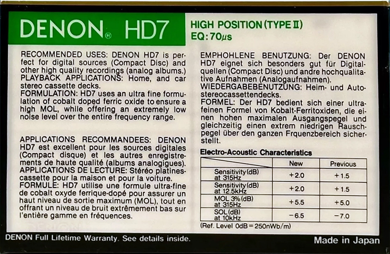 Compact Cassette Denon HD7 60 Type II Chrome 1987 Europe, USA