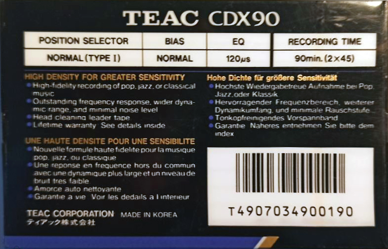 Compact Cassette Teac CDX 90 Type I Normal 1990 Europe
