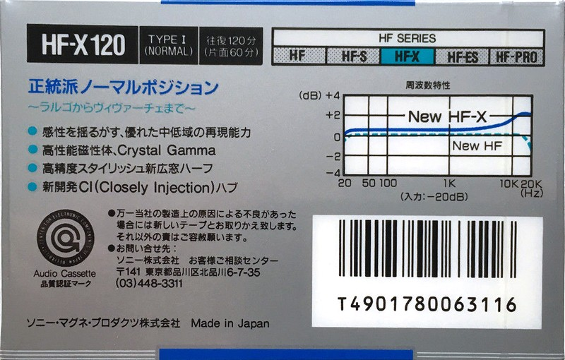 Compact Cassette Sony HF-X 120 "HF-X 120A" Type I Normal 1988 Japan