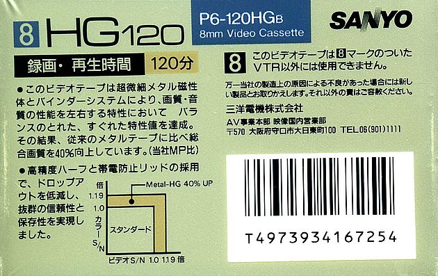 Video8, Hi8, Digital8 Sanyo 120 "HG 8vision" Type IV Metal 1991 Japan