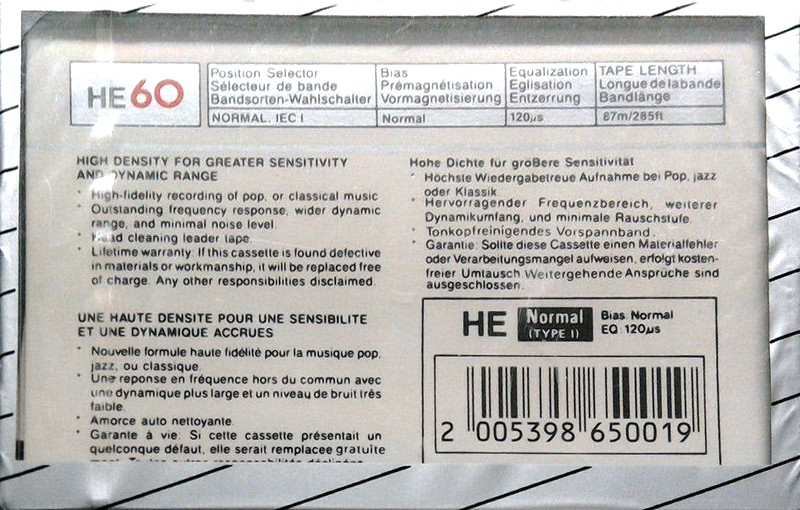 Compact Cassette Bestar 60 "HE" Type I Normal 1986 Europe