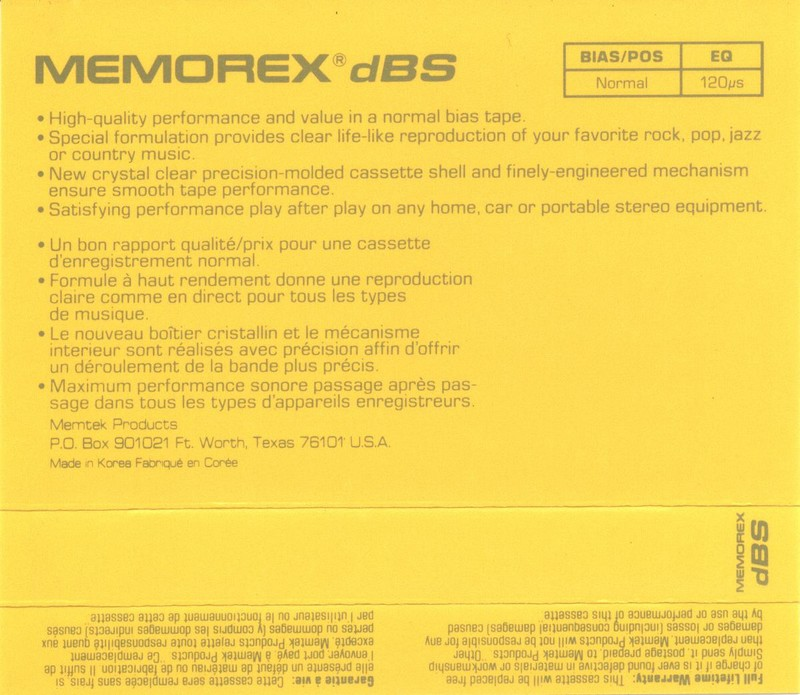 Compact Cassette Memorex dBS 90 Type I Normal 1989 North America