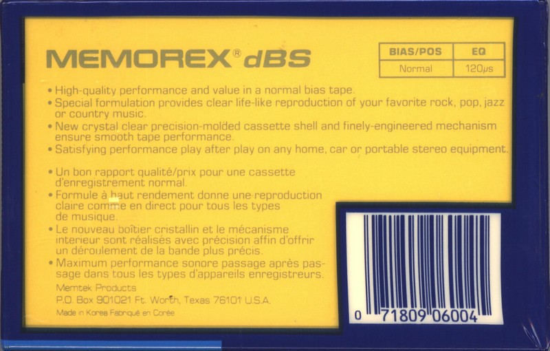 Compact Cassette Memorex dBS 90 Type I Normal 1989 North America