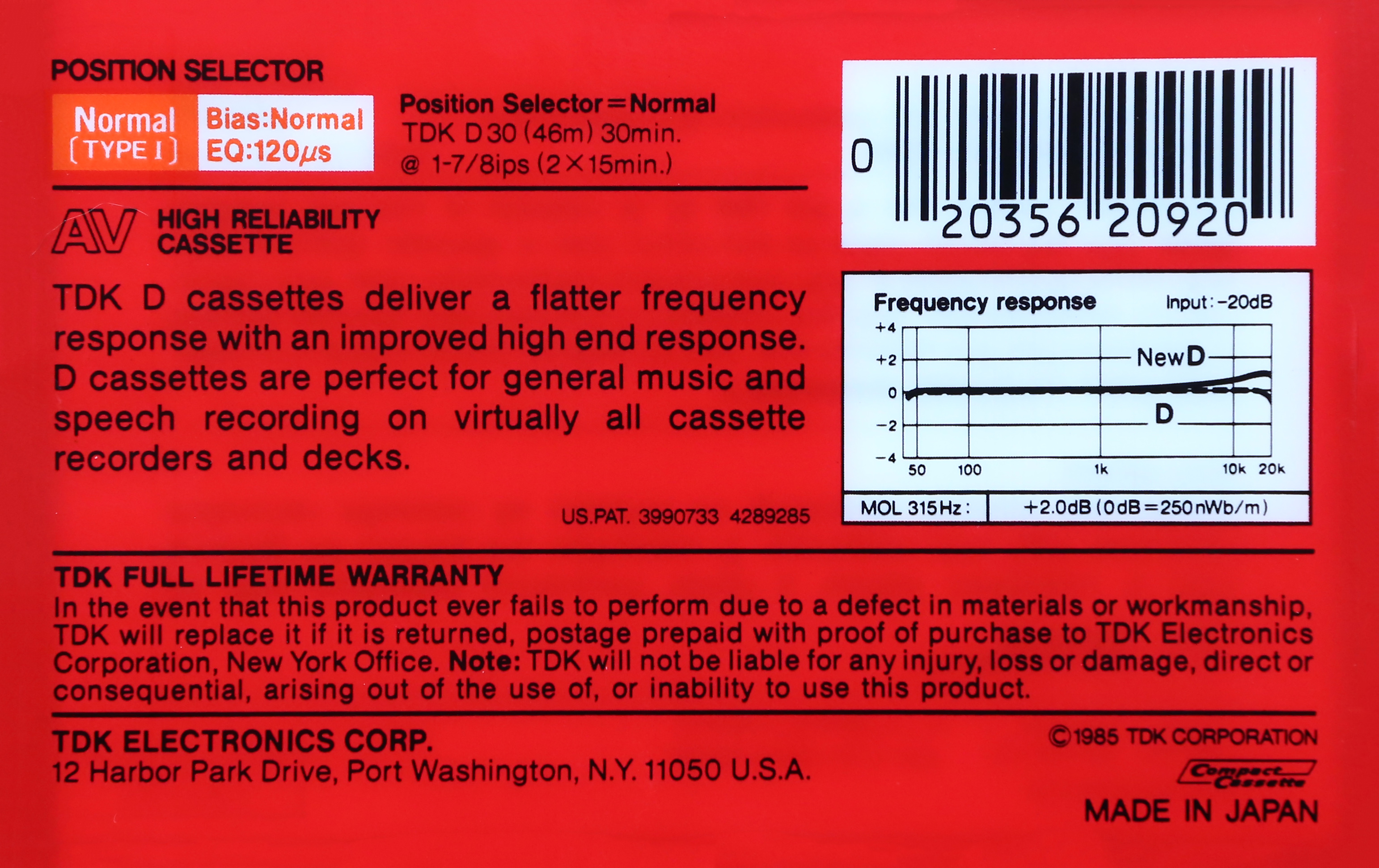 Compact Cassette TDK AV 30 "AV-D30" Type I Normal 1985 USA