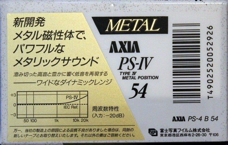 Compact Cassette AXIA PS-IV 54 "PS-4 B 54" Type IV Metal 1991 Japan