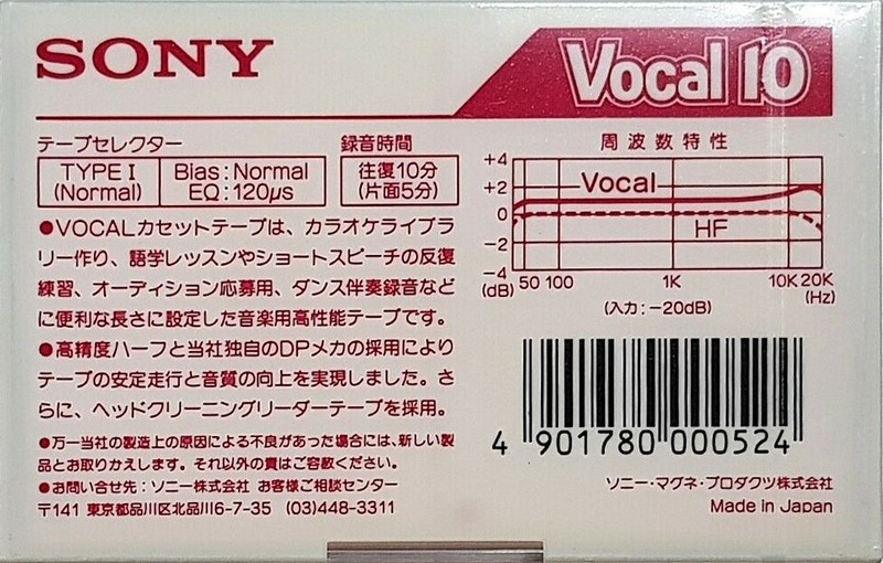 Compact Cassette Sony Karaoke Vocal 10 Type I Normal 1983 Japan