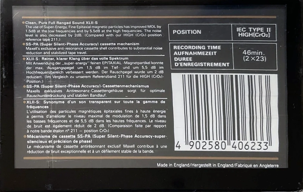 Compact Cassette Maxell XLII-S 46 Type II Chrome 1988 Europe