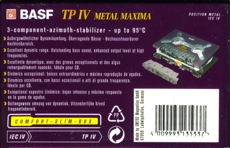 Compact Cassette BASF TP IV Metal Maxima 90 Type IV Metal 1995 Europe