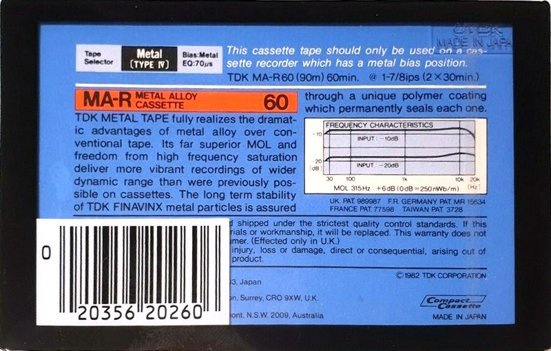 Compact Cassette TDK MA-R 60 Type IV Metal 1982 Australia, Europe