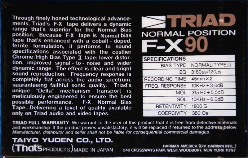 Compact Cassette Triad F-X 90 Type I Normal 1986 North America