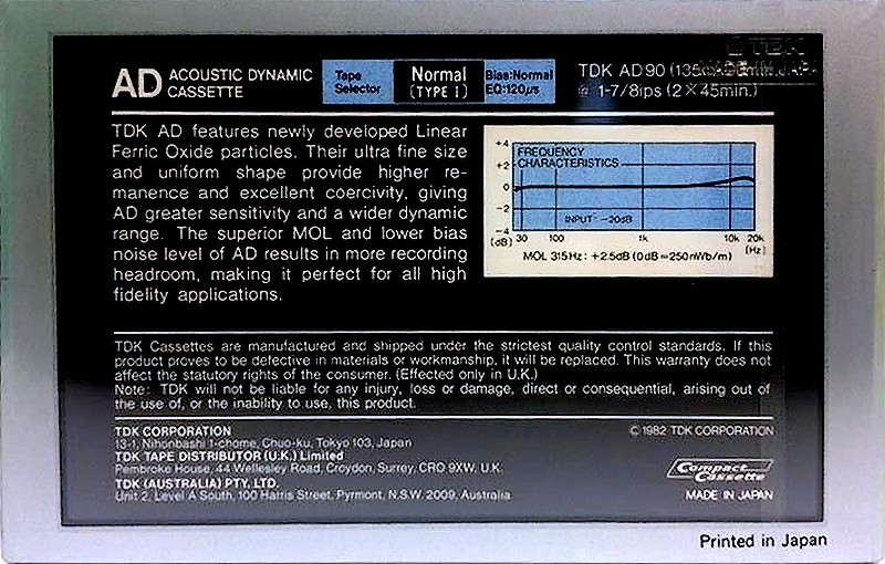 Compact Cassette TDK AD 90 Type I Normal 1982 Australia, Europe