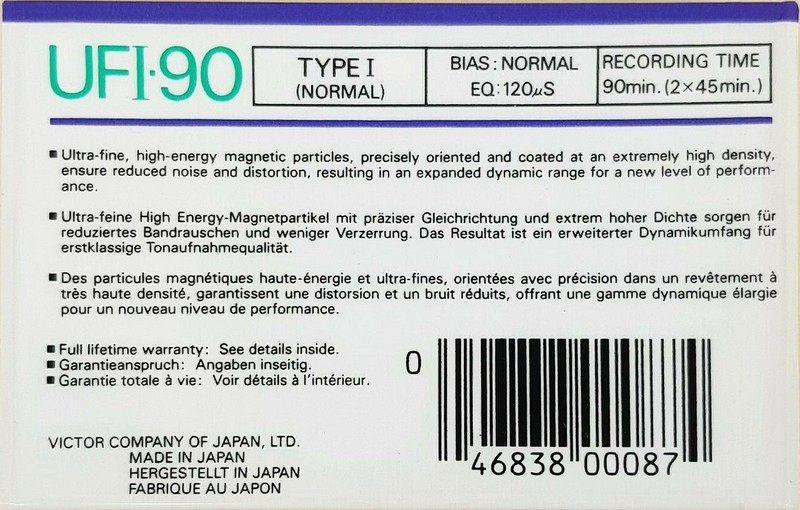 Compact Cassette JVC UFI 90 "Dynarec" Type I Normal 1988 North America