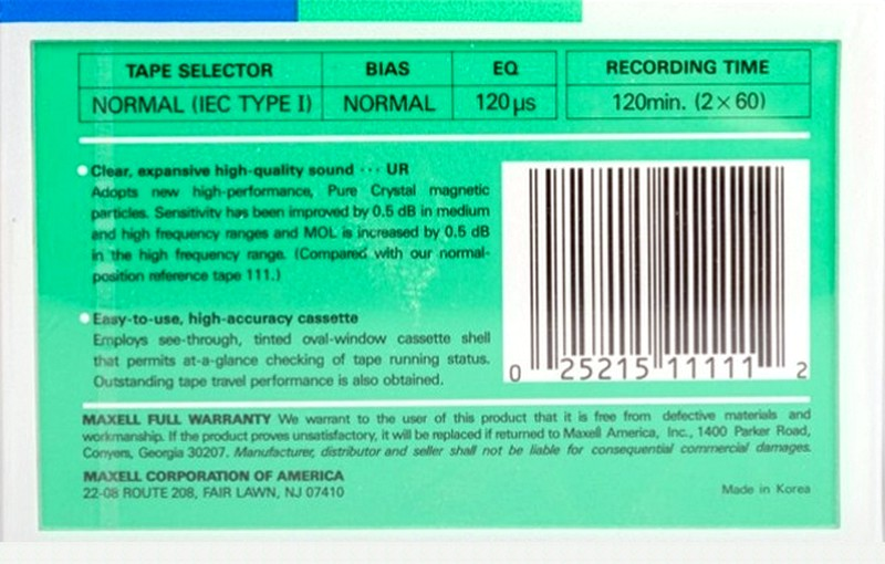 Compact Cassette Maxell UR 120 Type I Normal 1988 USA