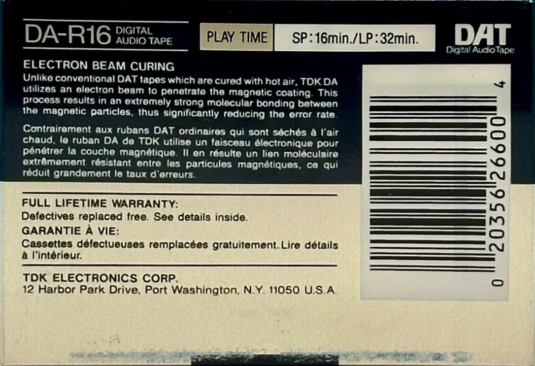 Digital Audio Tape TDK 16 "DA-R16" Type IV Metal 1992 North America