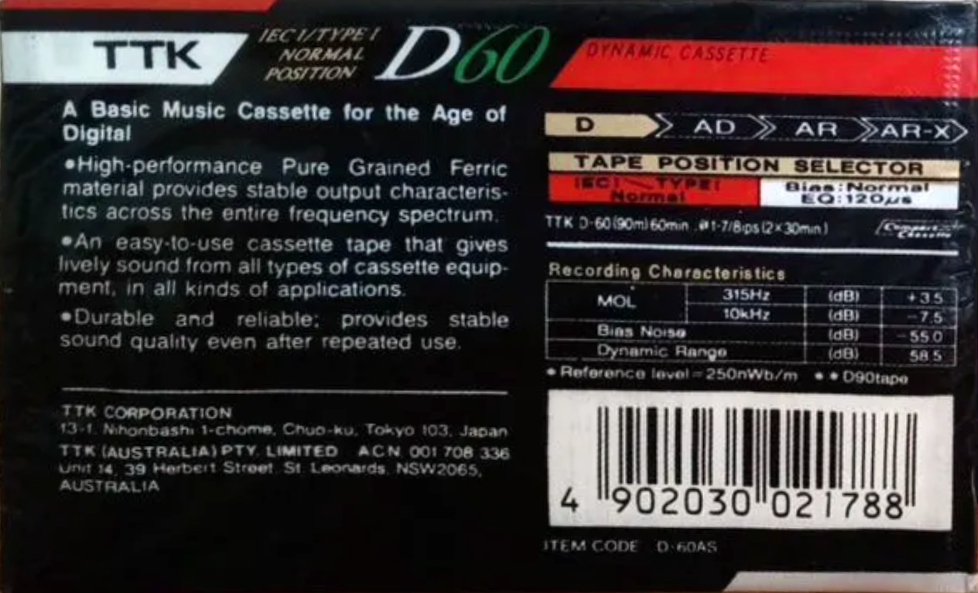 Compact Cassette TTK D 60 "D-60AS" Type I Normal 1990 Worldwide