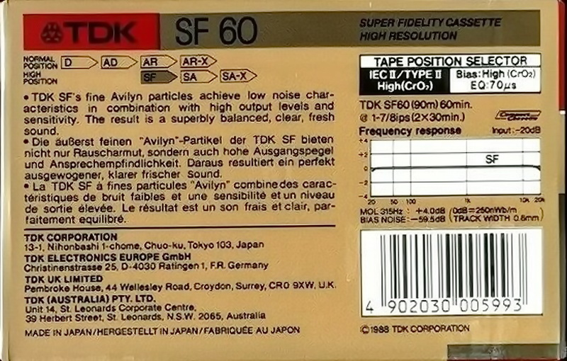 Compact Cassette TDK SF 60 Type II Chrome 1988 Australia, Europe