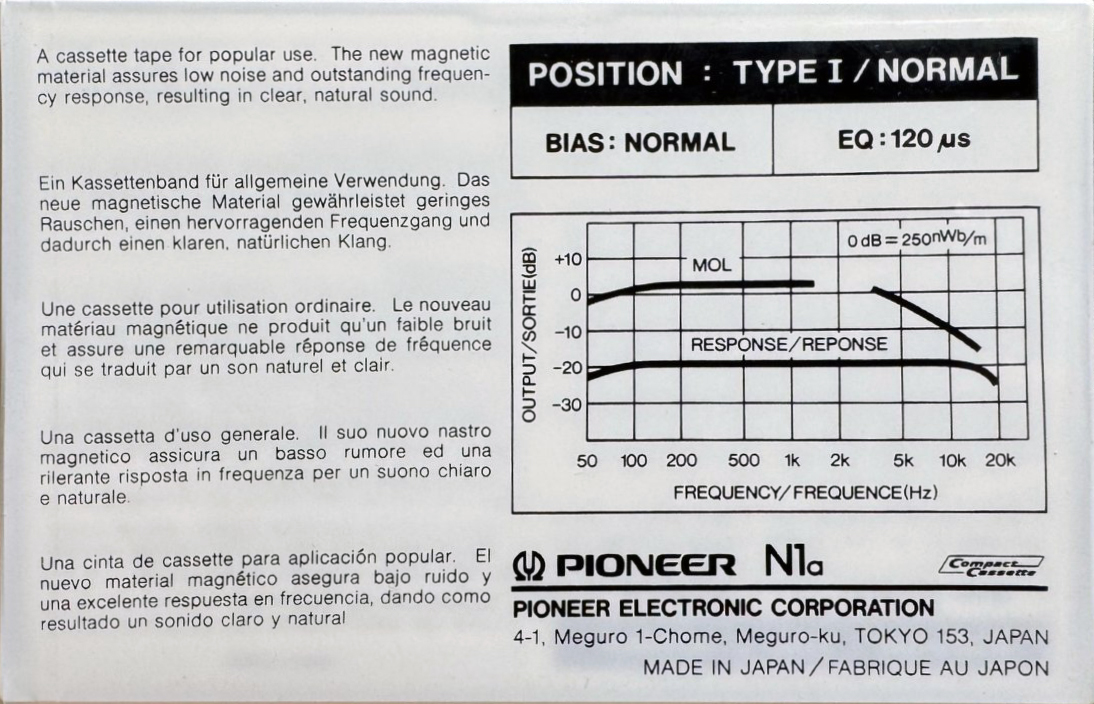 Compact Cassette Pioneer N1a 90 Type I Normal 1982 Europe