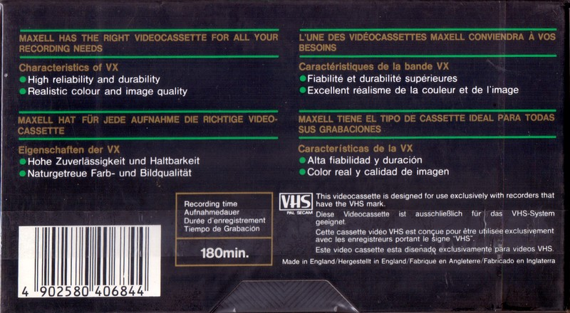 VHS, Video Home System Maxell VX 180 Type II Chrome 1989 Europe