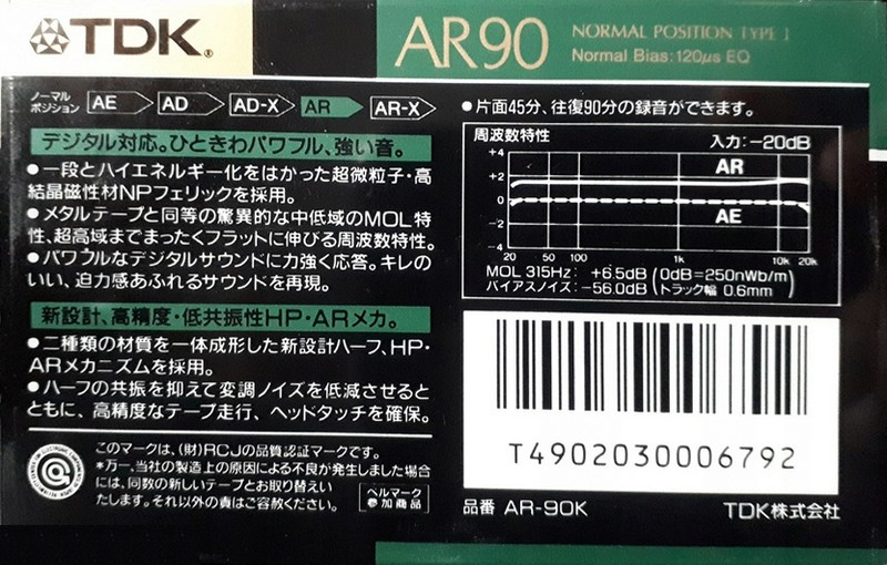 Compact Cassette TDK AR 90 "AR-90K" Type I Normal 1989 Japan