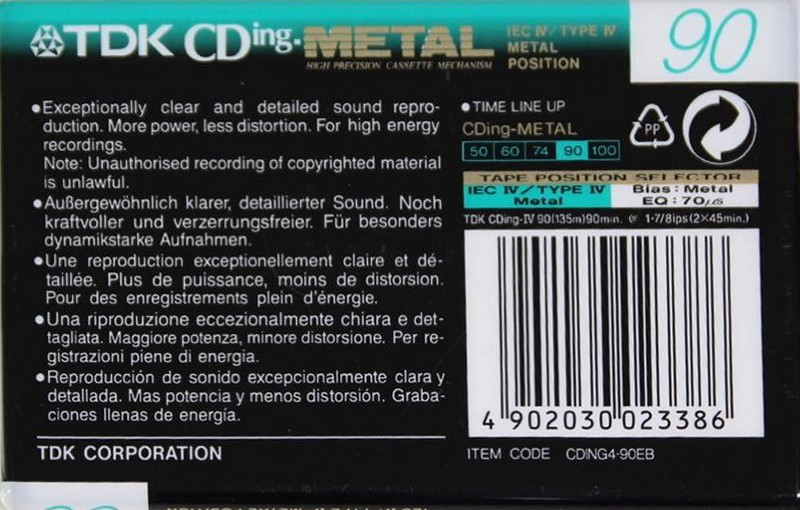 Compact Cassette TDK CDing Metal 90 "CDING4-90EB" Type IV Metal 1997 Europe
