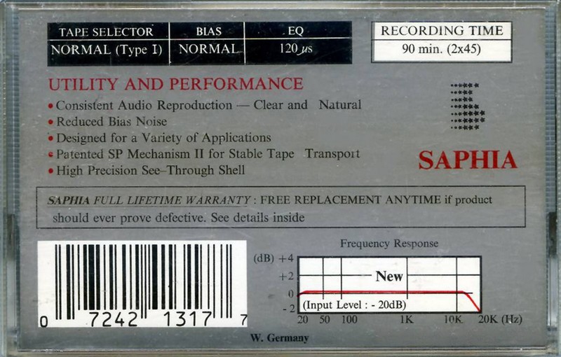 Compact Cassette Saphia 90 Type I Normal USA