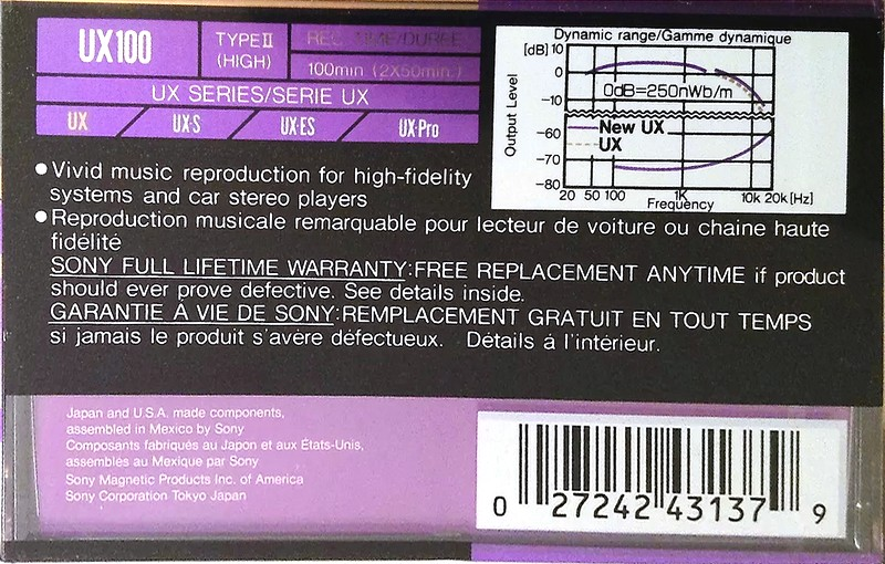 Compact Cassette Sony UX 100 Type II Chrome 1990 North America