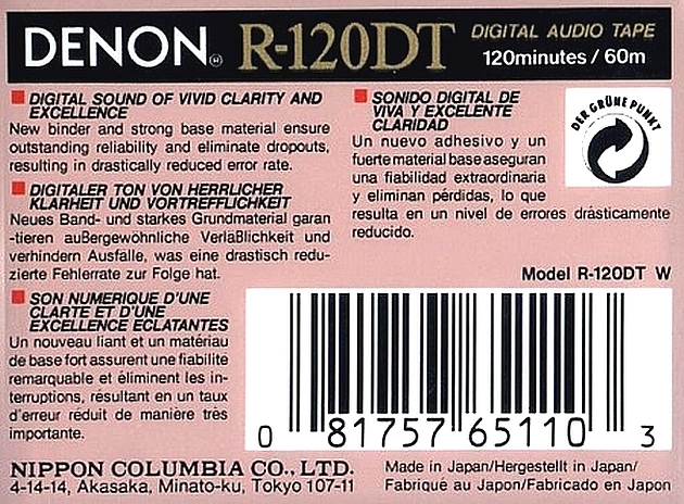 Digital Audio Tape Denon 120 "R-120DT W" Type IV Metal 1993 North America
