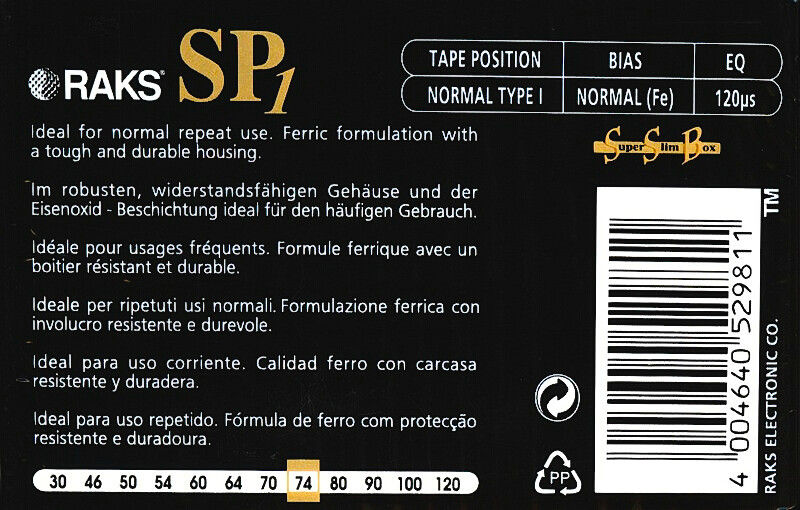 Compact Cassette RAKS SP 1 74 Type I Normal 1998 Europe