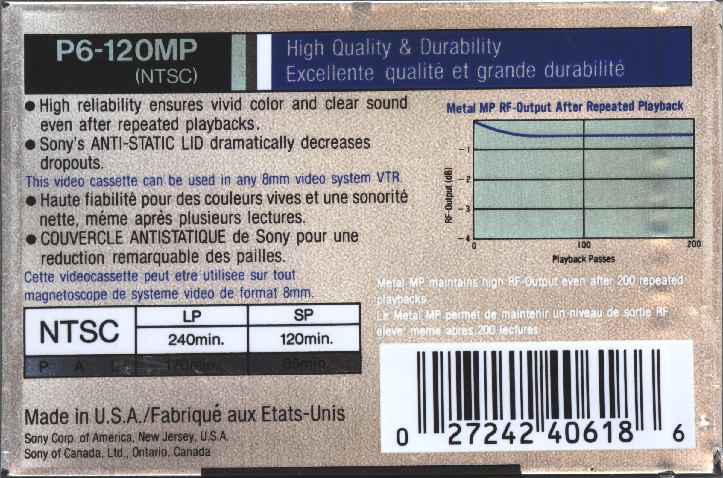 Video8, Hi8, Digital8 Sony MP 120 "Video8 P6-120MP" Type IV Metal 1992 North America