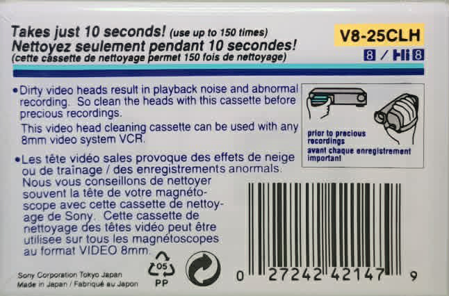 Video8, Hi8, Digital8 Sony "V8-25CLH" Cleaning Cassette 1988 North America