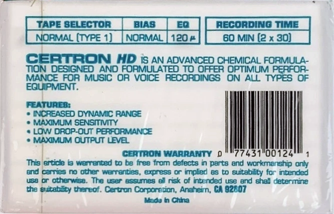 Compact Cassette Certron HD 60 Type I Normal 1988 USA