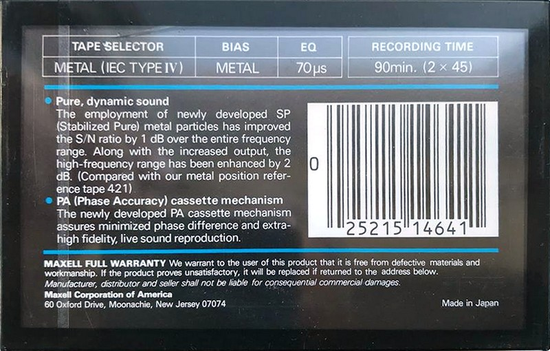 Compact Cassette Maxell MX 90 Type IV Metal 1985 USA